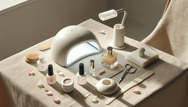 Minimalistischer Flatlay-Nagelarbeitsplatz mit UV-LED-Lampe, Geltiegeln, Tools und Nagelöl auf hellem Leinen, rosa Blüten, Tageslicht, luftig arrangiert.