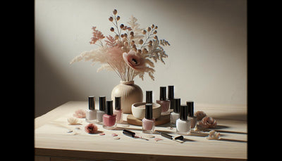 Minimalistisches Arrangement von Nagellackfläschchen in Trendfarben 2025 auf hellem Birkenholztisch mit weichem Tageslicht und dezenten Blütenblättern.