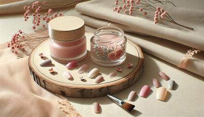 Elegante Press-on Nails in sanften Pastelltönen auf hellem Holz und Leinen, umgeben von Nagelkunst-Pinsel und Blütenblättern, minimalistisch und feminin.
