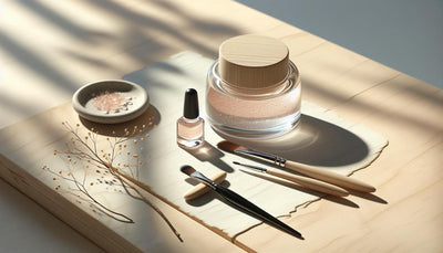 Elegantes Nagelpflegeset mit rosafarbenem UV-Gel und Nailart-Pinsel auf hellem Holz, daneben natürliche Öle und getrocknete Blüten, minimalistisch und hell.