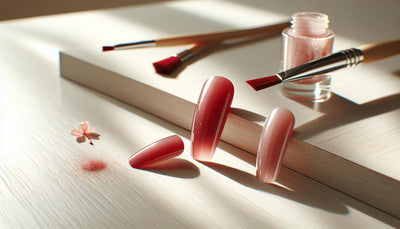 Minimalistisches rotes Gel-Nageldesign mit feinem Glitzereffekt auf Birkenholz, umgeben von zarten Blütenblättern und offenem Nagelgel-Tiegel.