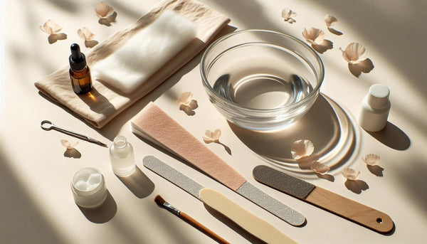 Hochwertiges Flatlay-Nagelpflege-Set: Glas-Schälchen, Aceton, Alufolie, Wattepads, Nagelfeile, Holzstick, Buffer, Nagelöl auf weicher Baumwolle im Tageslicht.