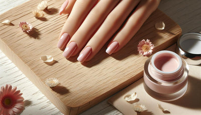 Nahaufnahme glänzender, gepflegter Nägel in minimalistischem Pink auf hellem Birkenholz mit getrockneten Blütenblättern und UV-Gel, natürlich und feminin.