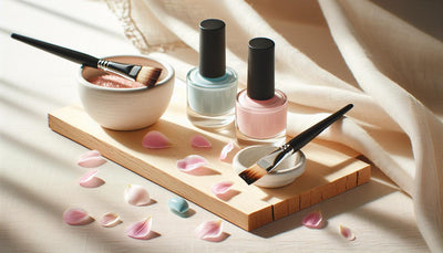 Drei offene Nagellackfläschchen in Pastellfarben auf hellem Birkenholz mit dezenten rosa Blütenblättern, natürlichem Licht und minimalistischem, frühlingshaftem Setting.