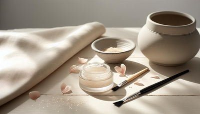 Minimalistisches Nagelstudio mit offenem UV-Gel, Nailart-Pinsel, Keramikschale und rosa Blüten auf heller Holzoberfläche in ruhigem, hellem Ambiente.