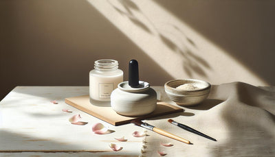Nahaufnahme von minimalistisch arrangierten Nagelpflege-Utensilien auf hellem Birkenholztisch mit zarten rosa Blütenblättern und weichem Tageslicht.