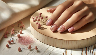 Nahaufnahme kurzer Gelnägel mit zarten Linien und dezenten pinken Glitzereffekten auf heller Holzoberfläche, minimalistisch und feminin gestaltet.