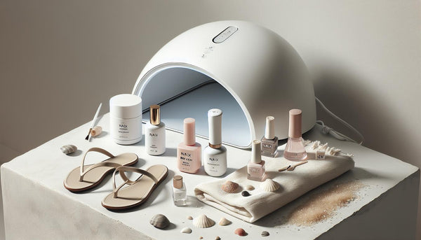 Studio-Flatlay mit UV-Nagellampe, Gel-Lacken, Base-/Top-Coat, Sandalen, Muscheln und weißem Handtuch auf hellem Stein. Minimalistisch, hell, NailX-Stil.