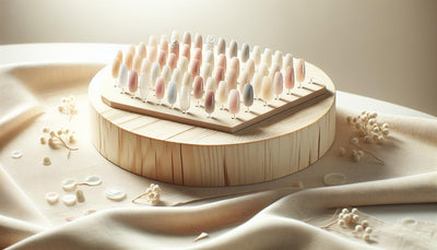 Minimalistisches Nagelstudio mit UV-Gel- und Shellac-Nageldesign auf weißen Display-Tips, hellem Birkenholztisch und rosa Akzenten in natürlichem Tageslicht.