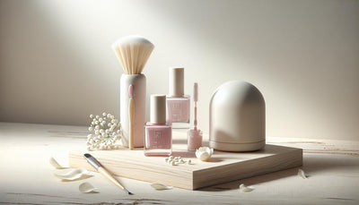 Minimalistisches Arrangement von buntem Nagellack, Nagelpinsel und UV-Lampe auf hellem Holztisch mit weißen Blütenblättern in hellem, ruhigem Licht.