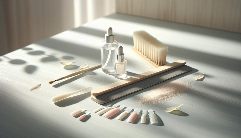 Minimalistisches Stillleben aus Nagelfeile, Cuticle-Öl und Bürste auf hellem Holztisch, daneben neutrale Nagelswatches mit Rillen, im sanften Tageslicht.