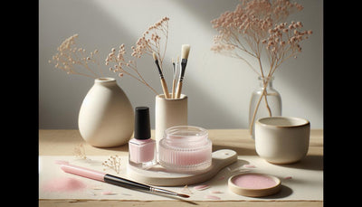 Minimalistisches NailX GellyNails Kit mit offenem UV-Gel, Nailart-Pinsel und Keramikbecher auf hellem Birkenholz, umgeben von getrockneten Blütenblättern.