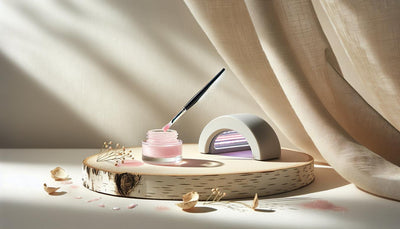 Minimalistisches Stillleben mit offenem UV-Gel, Nailart-Pinsel und minimalistisch leuchtendem UV-Licht auf hellem Birkenholz und beigem Leinenstoff.