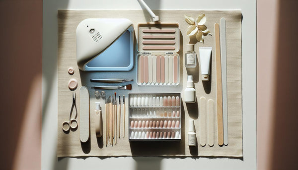Minimalistisches Flatlay: UV-Lampe, Gel-Tiegel, Acrylgel-Tube, Soft-Gel-Tips, Feilen, Buffer, Pinsel und Fläschchen auf heller Leinenfläche, NailX-Stil.
