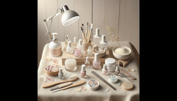 Minimalistisches Flatlay eines modernen Nageltischs mit UV-Lampe, geöffneten Gel-Tiegeln, Soft-Gel-Tips, Feilen und NailX-Accessoires in hellen Naturtönen.