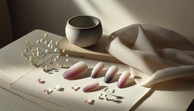 Stilvolles Arrangement mit drei handgemachten Gelnägeln in kräftigem Pink mit sanften Farbverläufen auf hellem Birkenholz, minimalistisch und feminin.
