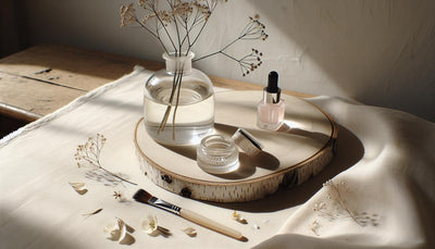 Minimalistisches Nagelpflegeset mit Nagelöl, Serum und Nailart-Pinsel auf heller Birkenholzoberfläche, natürliches Licht, zarte pinke Blütenblätter, ruhige Atmosphäre.