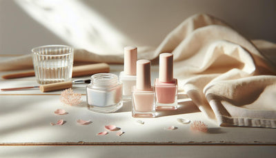 Minimalistisches Set aus Pastell-Nagellacken und glänzendem Chrome-Puder auf heller Holzoberfläche mit zarten pinken Blütenblättern im Hintergrund.