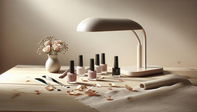Minimalistischer professioneller Shellac-Arbeitsplatz mit UV-Lampe und farbigen Nagellackflaschen in Pink und Schwarz auf hellem Birkenholz unter natürlichem Licht.