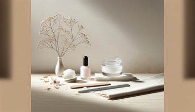 Stillleben eines minimalistischen Nagelpflege-Sets auf hellem Birkenholz mit offenem UV-Gel, Nagelöl in Milchglasfläschchen, schwarzer Feile und getrockneten rosafarbenen Blütenblättern.