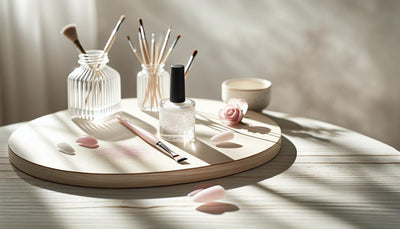 Minimalistisches Nageldesign-Setup mit offenen UV-Gel Tiegeln, feinem Pinsel und rosa Blüten auf weißem Tisch, natürliches Tageslicht, ruhige helle Stimmung.