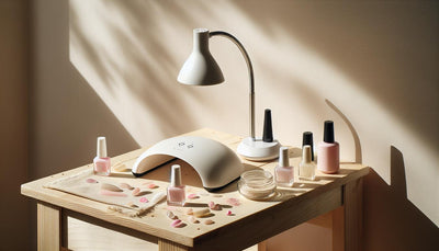 Minimalistisches GellyNails Setup mit UV-LED-Lampe, rosa Farblacken und Pflegeölen auf hellem Holztisch, ruhige und helle Ästhetik im NailX-Stil.