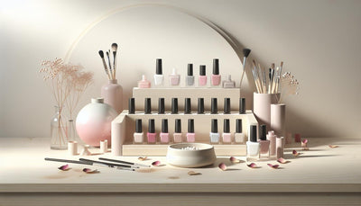 Moderne Nagellackwand und Design-Tools auf hellem Holz mit zarten Blütenblättern in minimalistischem, femininem Nagelstudio-Ambiente.