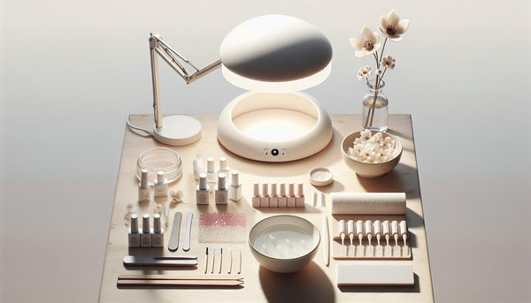 Minimalistisch-heller Nagelarbeitsplatz mit UV-Lampe, offenen Gel-Tiegeln, Soft-Gel Tips, Dehydrator, Primer, Aceton-Schale und dezenten Nailart-Details.