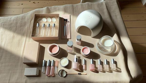 Helles Flat-Lay mit geöffnetem Farbgel, Builder-Gel, Soft-Gel-Tips, UV-Lampe, Primer, Acetonpumpe, Base Gel und Top Coat, minimalistisch auf Leinenfläche.