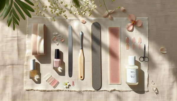 Helles Flatlay mit Nagelfeile, Cuticle-Öl, Farblack, transparentem Fläschchen, Press-On Tips und feinem Seidenwrap auf beigem Leinen, sanftes Licht.