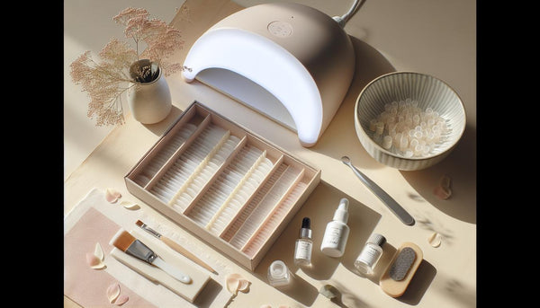 Helle Flatlay-Szene mit UV/LED-Lampe, Soft Gel Tips, Geltiegeln, Feile, Buffer, Pinsel, Cuticle-Pusher und Nagelöl auf Birkenholz in NailX-Farben.