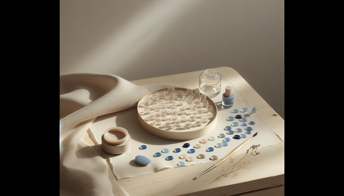 Nahaufnahme blauer Gel‑Nagellack‑Tropfen und Farbmusterscheiben auf hellem Birkenholz neben UV/LED‑Lampe und geöffnetem Base‑Gel im ruhigen Morgenlicht – blauer nagellack bedeutung