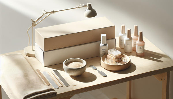 Minimalistischer Pediküre-Tisch mit LED-Lampe, Starterkit-Box, Base- und Top-Coat-Fläschchen, offenem UV-Gel, Soft-Gel-Tips, Feilen und Handtuch auf hellem Holz — gel auf zehennägeln