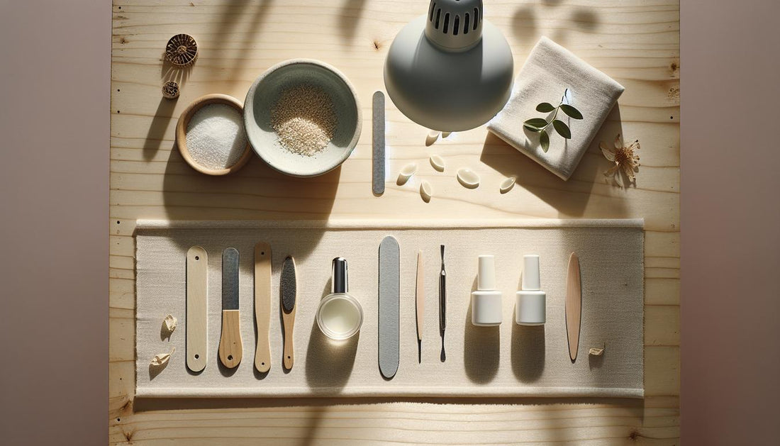 Minimalistischer Nagelarbeitsplatz mit LED-Lampe, Feilen, Buffer, offenen Töpfchen (Base & Top) und vorgeformten Soft Gel Tips auf hellem Holz — gel nägel anfänger