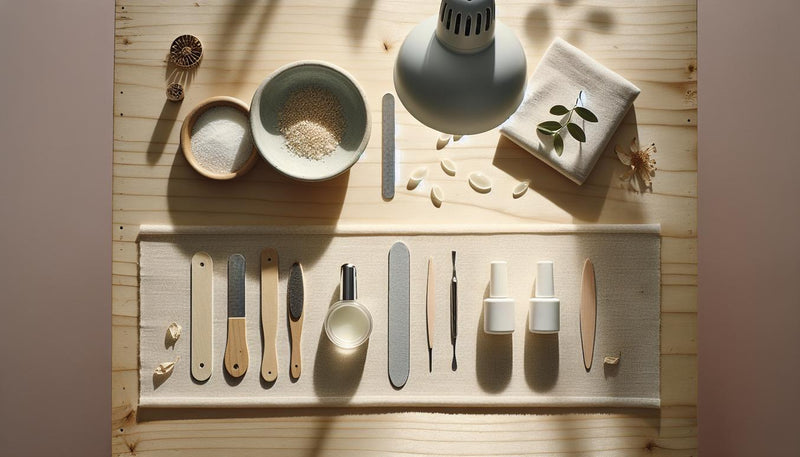 Minimalistischer Nagelarbeitsplatz mit LED-Lampe, Feilen, Buffer, offenen Töpfchen (Base & Top) und vorgeformten Soft Gel Tips auf hellem Holz — gel nägel anfänger