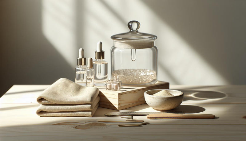 Minimalistisches Home‑Maniküre‑Stillleben mit offenem Glastiegel klarer Gel‑Textur, unlackierten Fläschchen, Nagelfeile und Nagelöl auf hellem Holz – gel ohne lampe