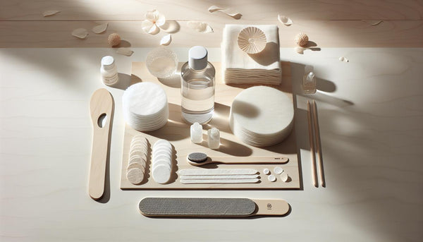 Minimalistisches Flatlay mit Aceton, Wattepads, Alufolie, Buffer, Nagelöl und Tuch – Zubehör um Gel von einem Nagel entfernen zu können.