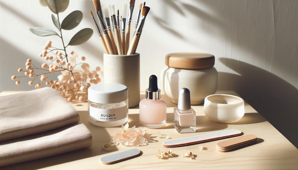 Minimalistische Nahaufnahme eines hellen Arbeitstisches mit geöffneten Döschen Builder‑Gel und Gelee, Pinsel, Feilen und unscharfer LED‑Lampe – gel vs gelee nägel in ruhiger, luftiger Ästhetik