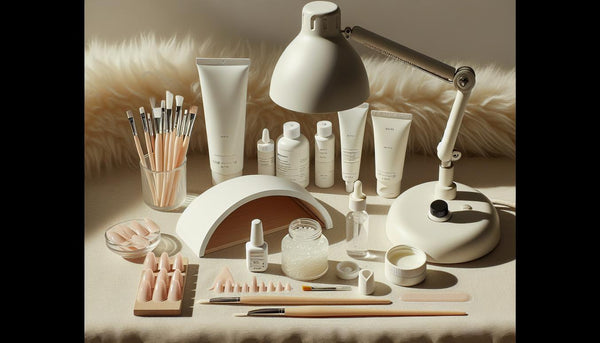 Flatlay eines ordentlichen Nagelarbeitsplatzes mit geöffneten, unbedruckten Gel-Tuben, Dehydrator, Primer, Soft‑Gel‑Tips und kleiner UV/LED‑Lampe – GellyNails Starter Kit