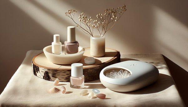 Gelnägel-Setup mit klassischen Lackfläschchen, LED/UV-Gerät und Gel-Tips auf heller, minimalistischer Studiofläche im NailX-Stil.
