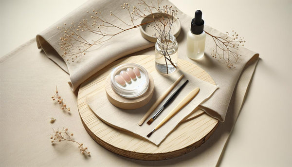 Drei Gelnägel auf hellem Holztisch mit offenem UV-Gel, Nagelöl, feiner Nagelfeile und getrockneten Blütenblättern, minimalistisches, helles NailX-Stillleben.