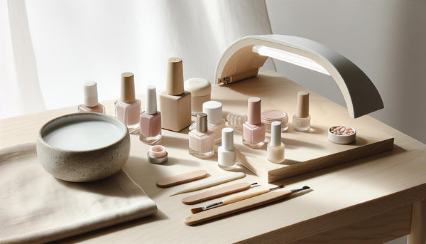 Nahaufnahme eines aufgeräumten Maniküre‑Arbeitsbereichs mit UV/LED‑Lampe, offenen Pastelllacken, Nagelöl und wiederverwendbaren Soft‑Gelnägeln auf hellem Holz, ruhiges Tageslicht.