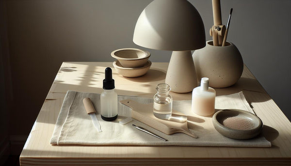 Nahaufnahme eines aufgeräumten Nagelarbeitsplatzes für Gelnägel auf hellem Holztisch mit offenem Peel‑Off‑Base‑Gel, Nagelöl, Dehydrator‑Fläschchen und UV/LED‑Lampe