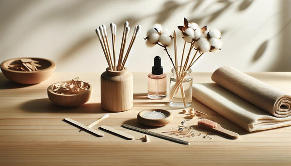 Nahaufnahme einer minimalistischen Arbeitsfläche zum Gelnägel entfernen mit Watte, Alufolie, feinen Feilen, Holzstäbchen und kleinem Nagelöl in heller NailX-Ästhetik