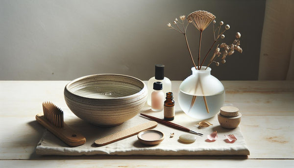 Minimalistische Arbeitsecke mit Schüssel warmem Wasser, Nagelölfläschchen, Holzstäbchen, Feilen und Buffer auf hellem Holztisch — gelnägel entfernen ohne aceton