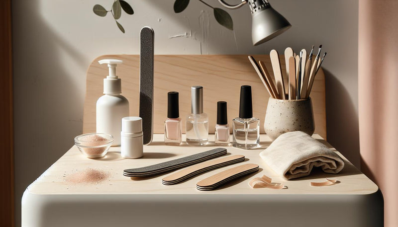 Nahaufnahme aufgeräumter Maniküretisch mit Feilen, Dehydrator, säurefreiem Primer, dünnen Gel‑Fläschchen und kompakter LED‑Lampe – Gelnägel falsch machen vermeiden