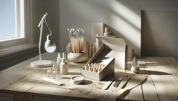 Hell inszeniertes Set für gelnägel füße: geöffnete Box mit Soft-Gel-Tips, LED-Lampe im Hintergrund, Base- und Top-Gel-Fläschchen, Feile und Cuticle Oil auf hellem Holz.