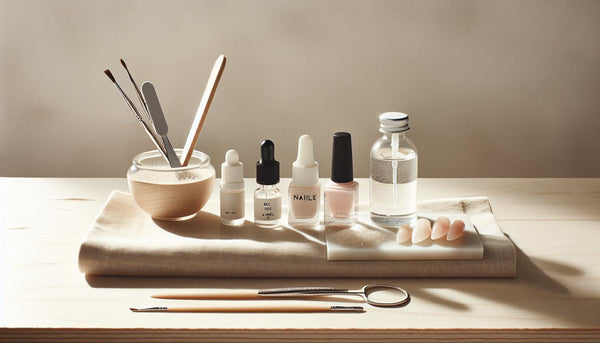 Minimalistische Pediküre-Arbeitsfläche mit offenem UV-Gel, Nagelöl, geordneten Werkzeugen und abnehmbaren Gel-Zehennagel-Tips auf hellem Birkenholz – gelnägel füße