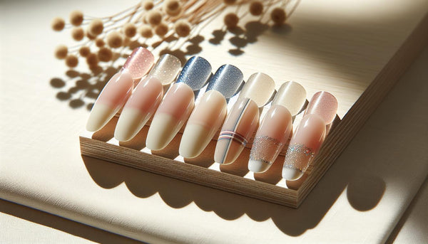 Nahaufnahme von fünf künstlichen Nagel‑Tips mit gelnägel ideen french: Pastell Color‑French, Reverse, Negative‑Space, Micro‑Smile und Accented mit feinem Glitter auf hellem Holz.