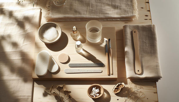 Aufgeräumtes Maniküre‑Setup auf hellem Holztisch mit Feilen, Buffer, Baumwollpads, offener Aceton‑Glasflasche und offenem Nagelöl – Gelnägel selbst entfernen